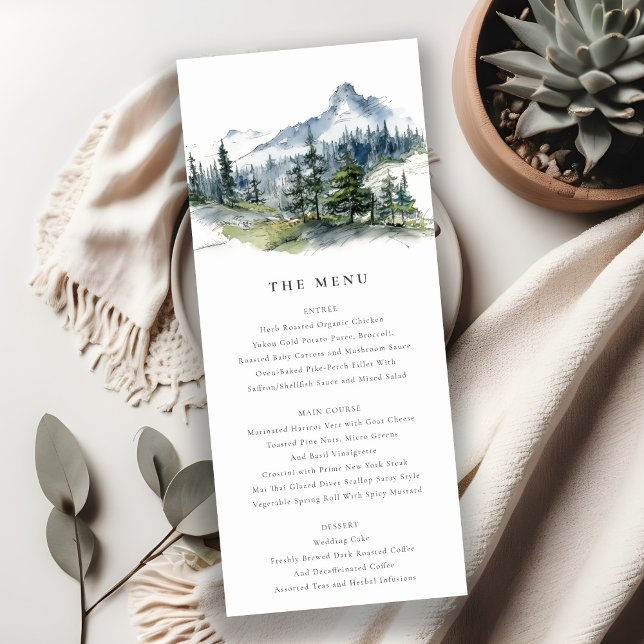 Blue Green Woods Mountain Sketch Wedding Menu Card Einladung (Von Creator hochgeladen)