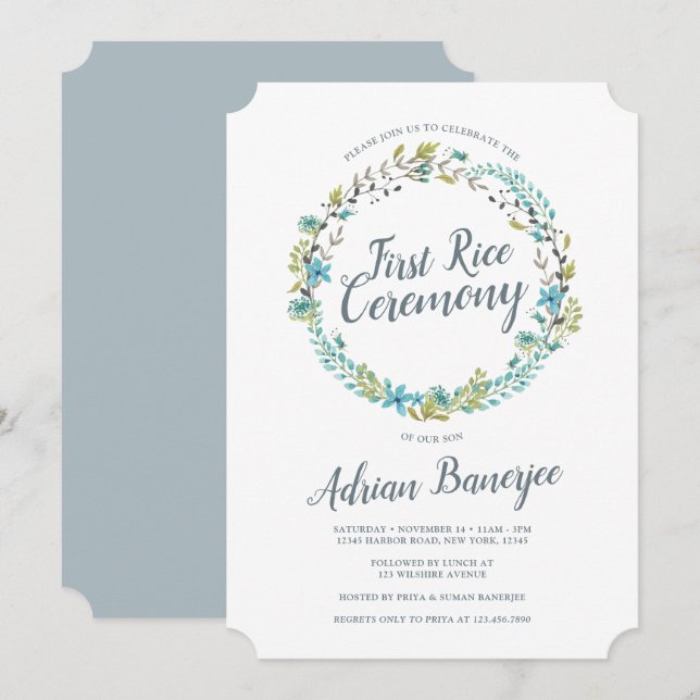 Blue Green Wreath First Rice Zeremonie Einladung (Vorne/Hinten)