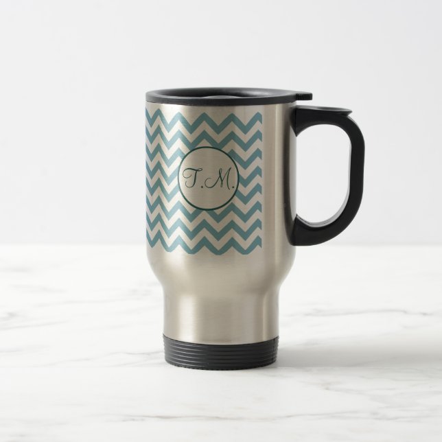 Blue Green Zigzag Mit Monogramm Reisebecher (Rechts)