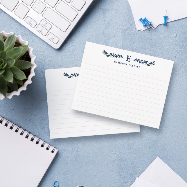 Blue Greenery Yellow Berries Monogram Lined Mitteilungskarte (Von Creator hochgeladen)