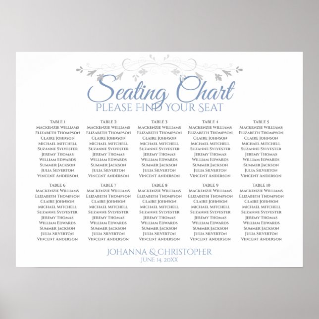 Blue & Grey 10 Table Wedding Seating Chart Poster (Vorne)