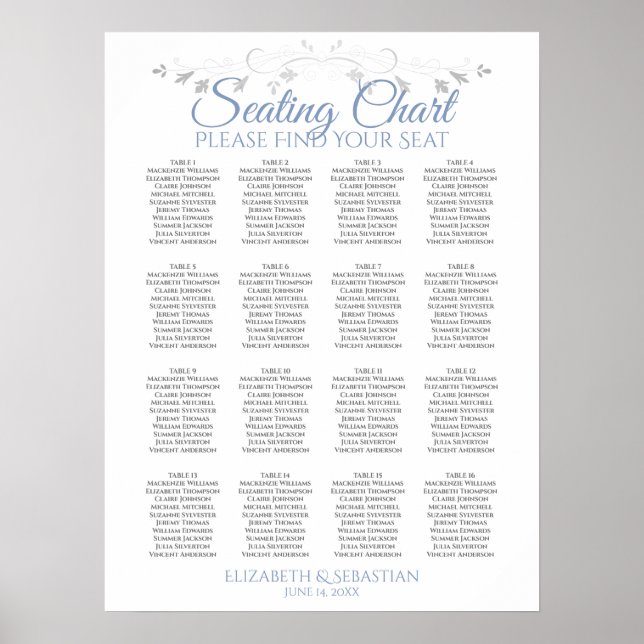 Blue & Grey 16 Table Wedding Seating Chart Poster (Vorne)