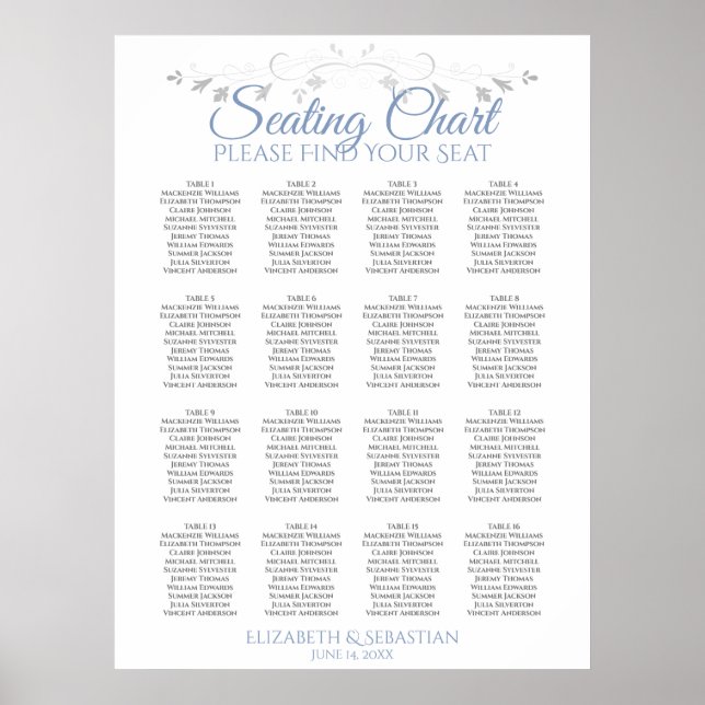 Blue & Grey 16 Table Wedding Seating Chart Poster (Vorne)