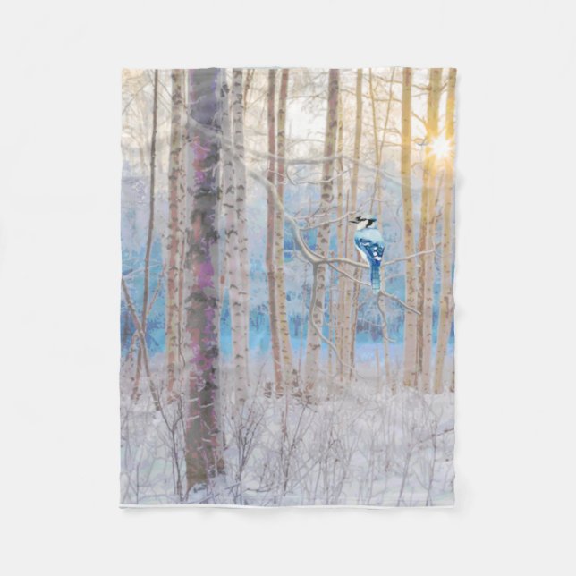 Blue Grey Blue Jay Bird Forest Trees Art Fleecedecke (Vorderseite)