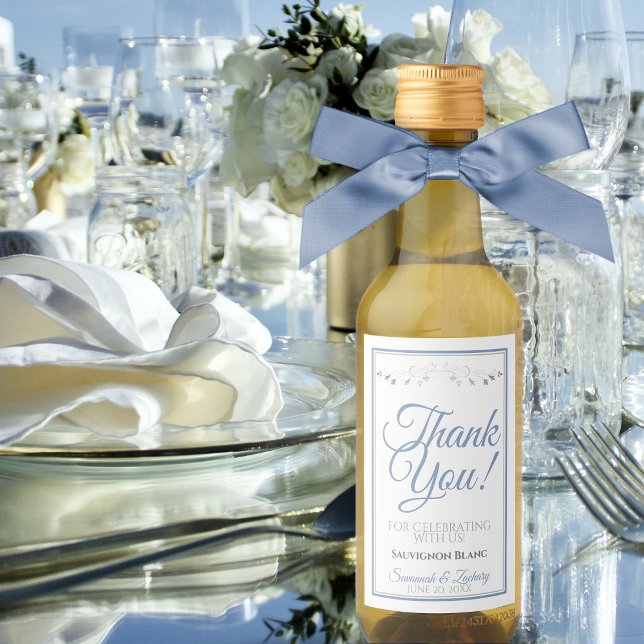 Blue & Grey Elegant Wedding Danke Mini Weinetikett (Von Creator hochgeladen)