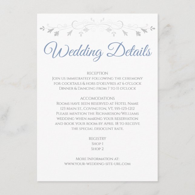 Blue Grey Elegant Wedding Details Enclosure Card Begleitkarte (Vorderseite)