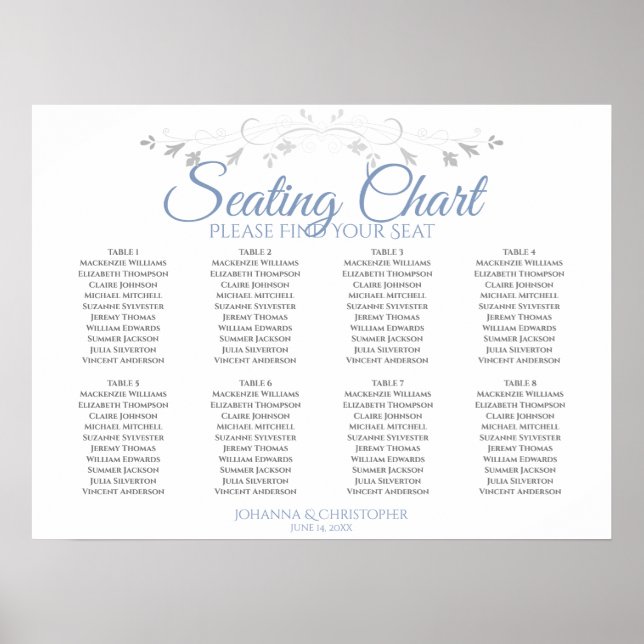 Blue & Grey Elegante 8 Table Wedding Seating Chart Poster (Vorne)