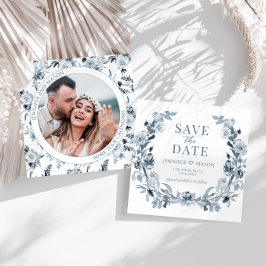 Blue Grey Floral Save the Date Foto Einladung