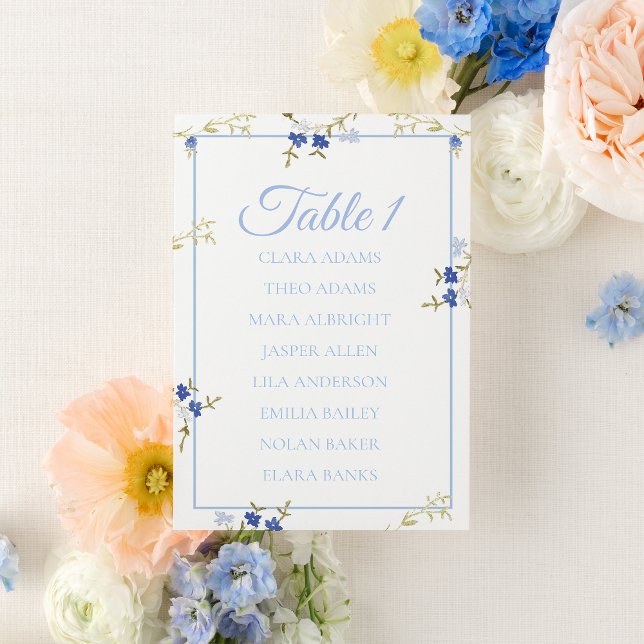 Blue & Grey Floral Wedding Seating Chart Card Tischnummer (Von Creator hochgeladen)