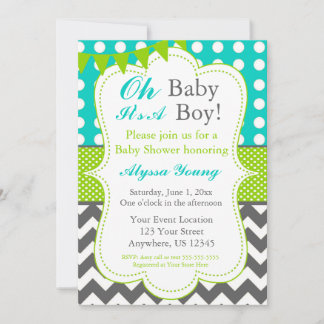 Blue Grey Green Baby Boy Dusche Einladung