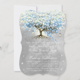Blue & Grey Heart Leaf Tree Woodsy Boho Wedding Einladung