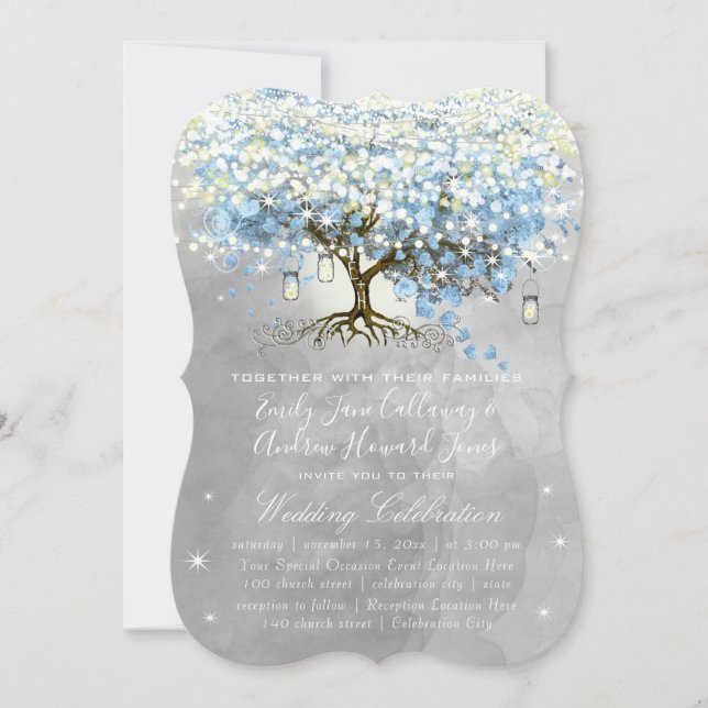 Blue & Grey Heart Leaf Tree Woodsy Boho Wedding Einladung (Vorderseite)