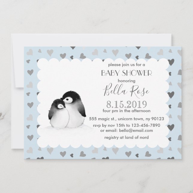 Blue Grey Hearts Pinguins Baby Dusche Einladungen (Vorderseite)