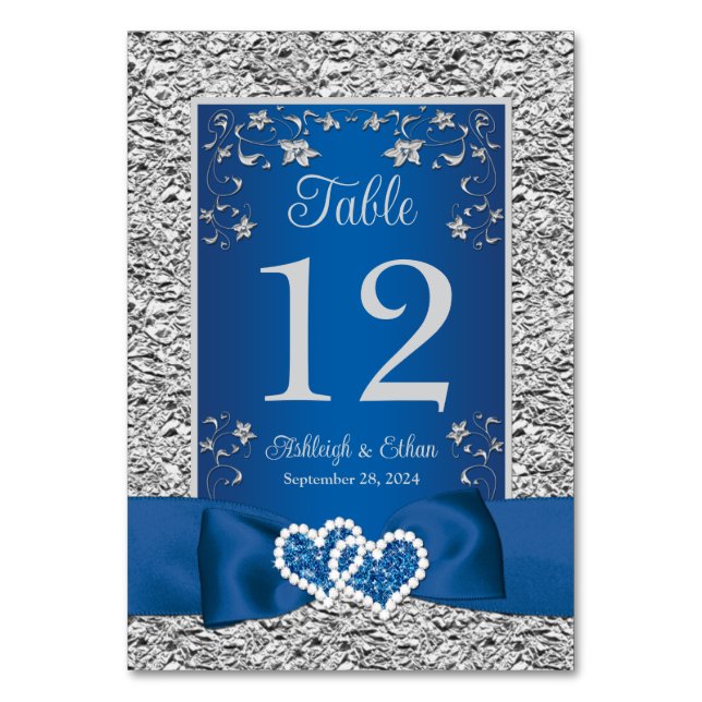 Blue, Grey Liebe Hearts Wedding Tischnummer Card (Vorderseite)