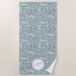 Blue Grey Vintag Floral Pattern Monogram Beach T Strandtuch