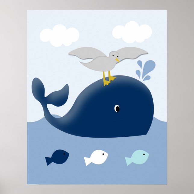Blue Grey Whale Kinderzimmer Kunstdrucken Poster (Vorne)