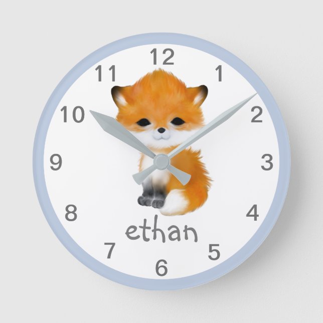 Blue Grey Woodland Animal Fox Kinderzimmer Wall Cl Runde Wanduhr (Vorderseite)