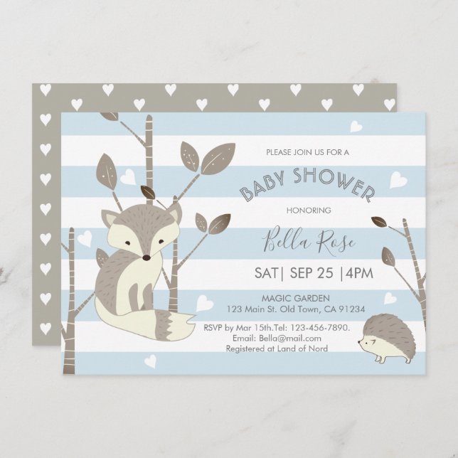 Blue Grey Woodland Fox Igel Baby Showcard Einladung (Vorne/Hinten)