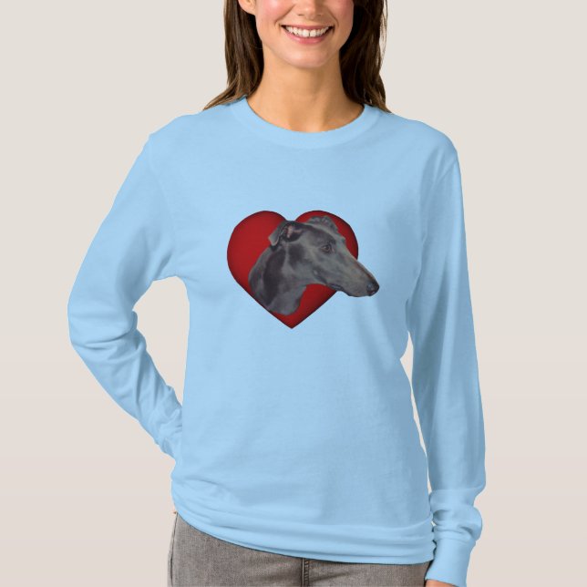 Blue Greyhound Face Red Heart Dog T-Shirt (Vorderseite)