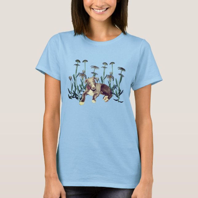 Blue Greyhound Puppy Daisy Blume T-Shirt (Vorderseite)