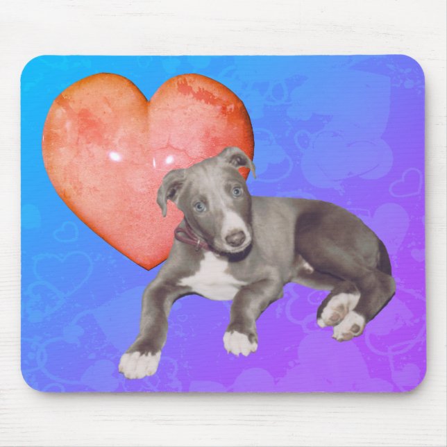 Blue Greyhound Puppy Pink Heart Mousepad (Vorne)