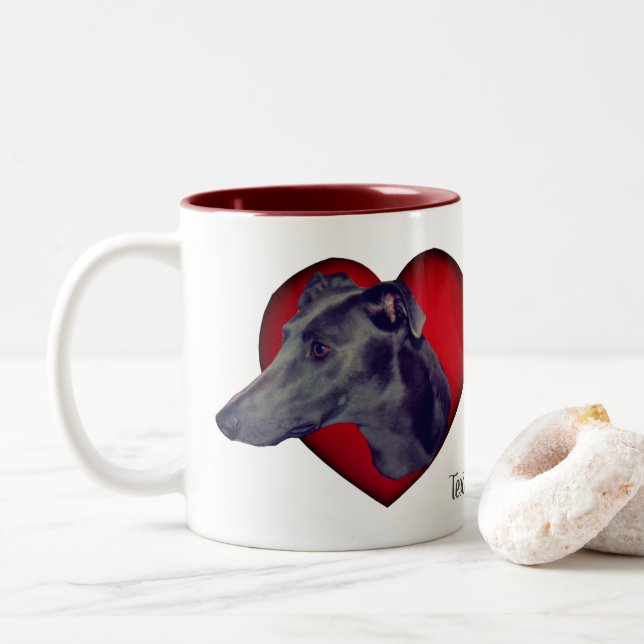 Blue Greyhound Red Heart Personalisiert Zweifarbige Tasse (Mit Donut)