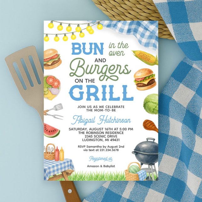 Blue GRILLEN Baby Shower Einladung - Bun in Oven (Blue BBQ Baby Shower Invitation - Bun in the Oven
)