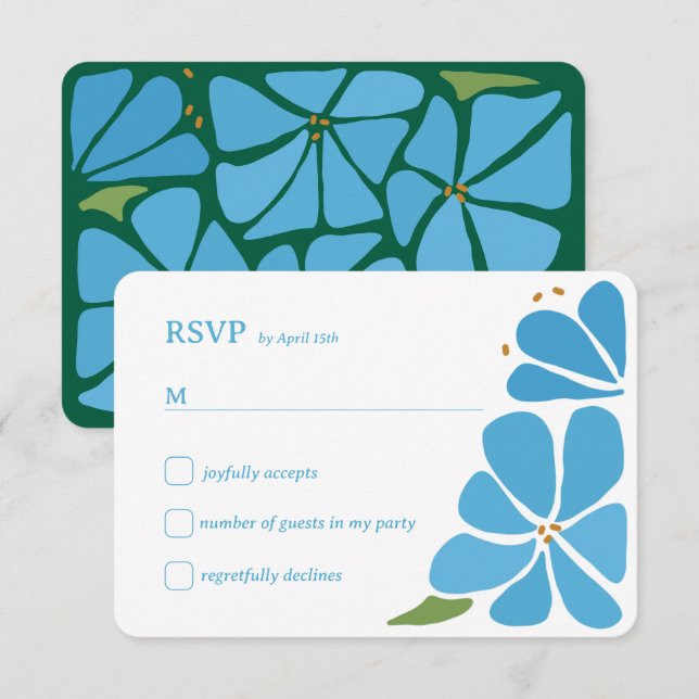 Blue Groovy Blume Pattern Wedding RSVP Karte (Vorne/Hinten)