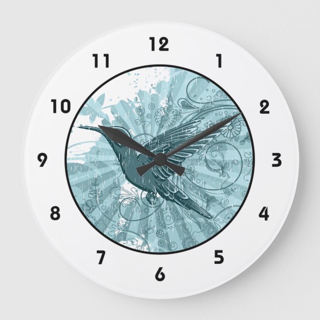 Blue Grunge Hummingbird Große Wanduhr (Vorderseite)