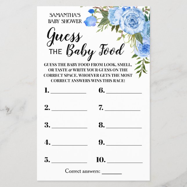 Blue Guess the Baby Food Dusche Spielkarte Flyer (Vorne)