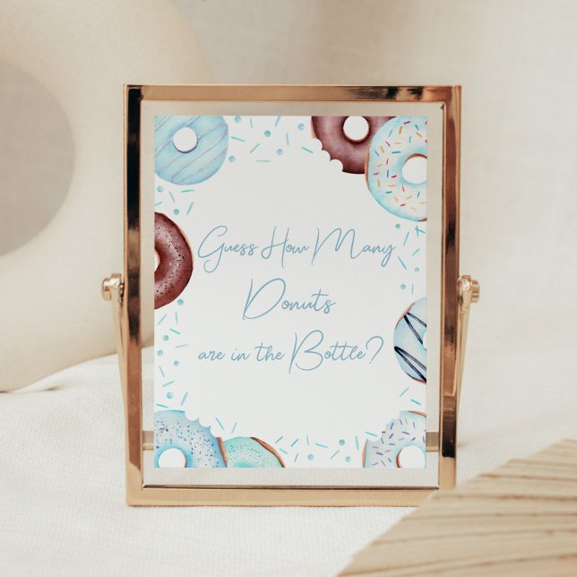 Blue Guess Wie viele Donuts sind in der Flasche Poster (Donuts and Diapers Baby Shower Guess How Many Donuts are in the Bottle Sign)