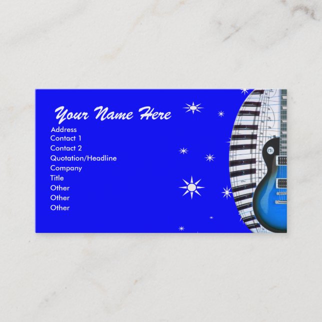 Blue Guitar Piano Keyboard & Stars Business Card Visitenkarte (Vorderseite)