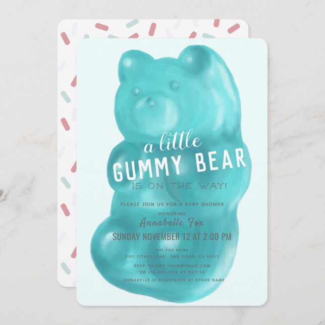 Blue Gummy Bear Boy Baby Dusche Einladung (Vorne/Hinten)