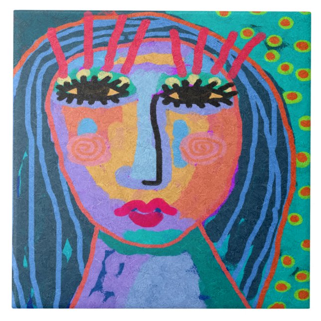 Blue Hair Abstraktes digitales Portrait einer Frau Fliese (Vorderseite)