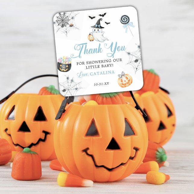 Blue Halloween Baby Shower Ghost Pumpkins Candy Quadratischer Aufkleber (Von Creator hochgeladen)