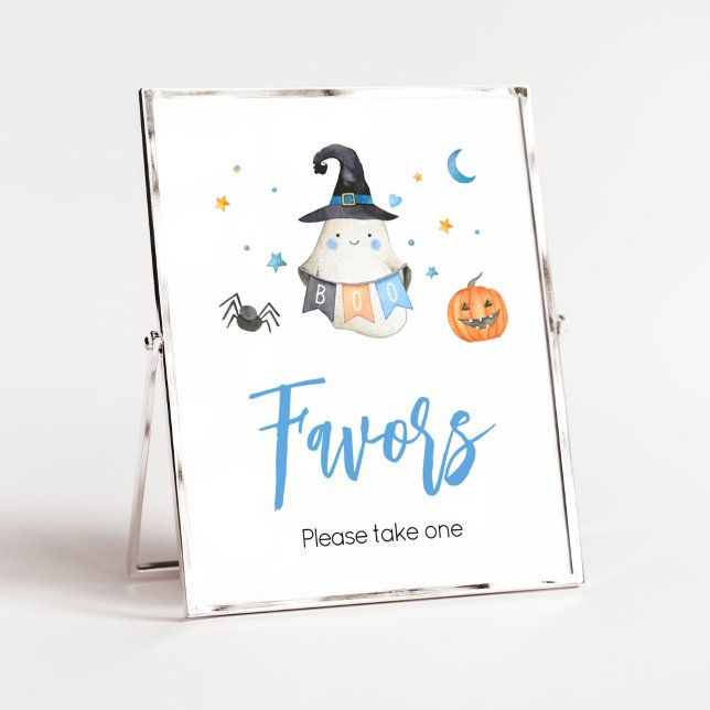 Blue Halloween Ghost Little Boo Baby Shower Favori Poster (Little Boo Baby Shower Favors Sign)