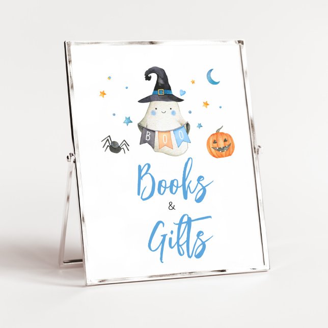 Blue Halloween Ghost Little Boo Bücher und Geschen Poster (Little Boo Baby Shower Books and Gifts Sign)