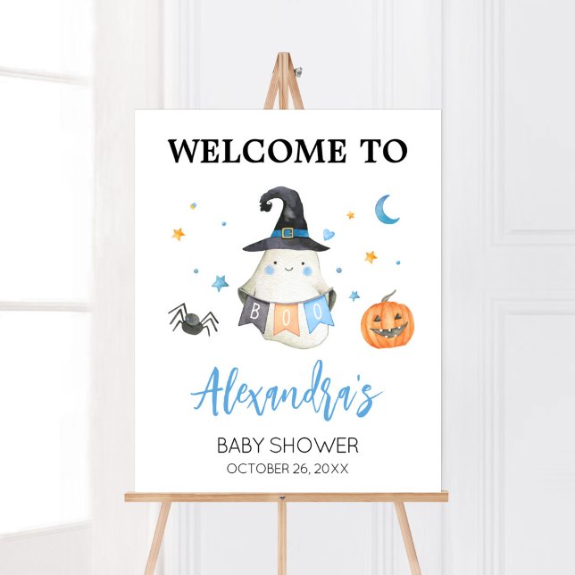 Blue Halloween Ghost Little Boo Willkommen Poster (Little Boo Baby Shower Welcome Sign)