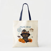Blue Halloween Kitty Hexe Candy Tote Bag