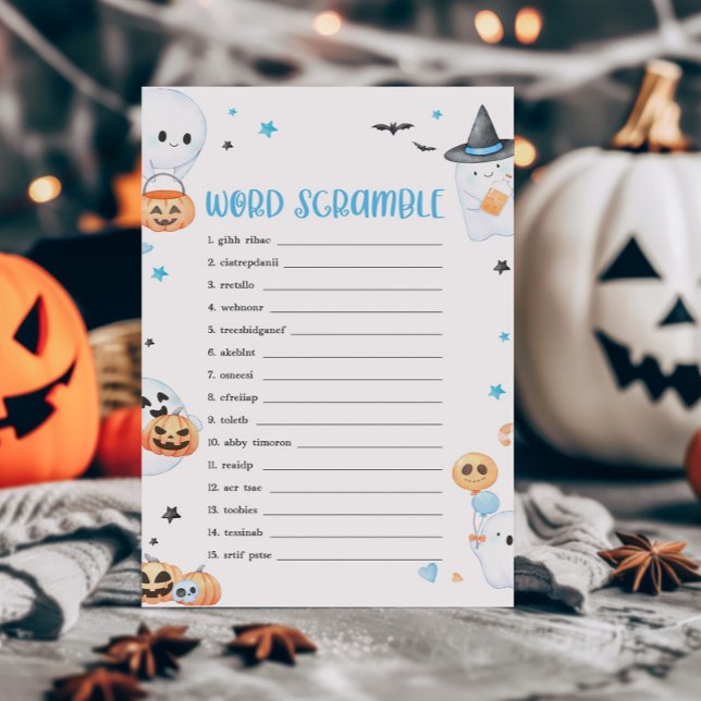 Blue Halloween Little Boo Word Scramble Game (Baby is Brewing Baby Shower Word Scramble Game)