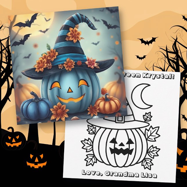 Blue Halloween Pumpkin & Coloring Page Personalize Karte (Von Creator hochgeladen)