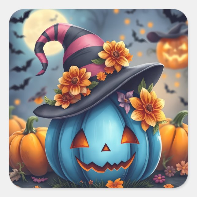 Blue Halloween Pumpkin Jack-o-lantern Quadratischer Aufkleber (Vorderseite)