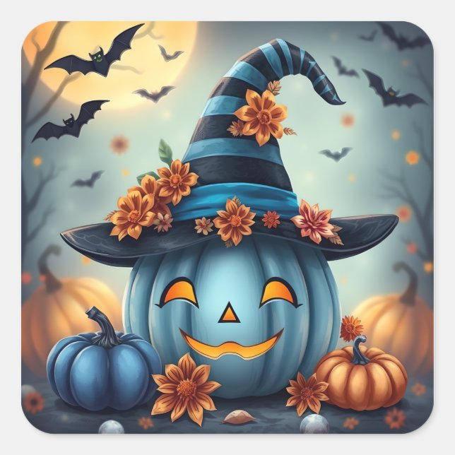 Blue Halloween Pumpkin Jack-o-lantern Quadratischer Aufkleber (Vorderseite)