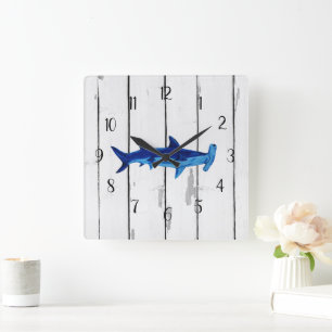 Blue Hammerhead Shark Shiplap Rustic Quadratische Wanduhr