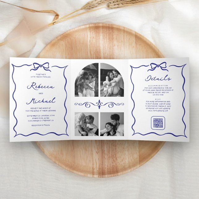 Blue Hand Drawn Bow QR Code Photo Wedding Dreifach Gefaltete Einladung (Von Creator hochgeladen)