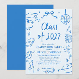 Blue Hand Drawn Class of 2027 Graduation Party Einladung