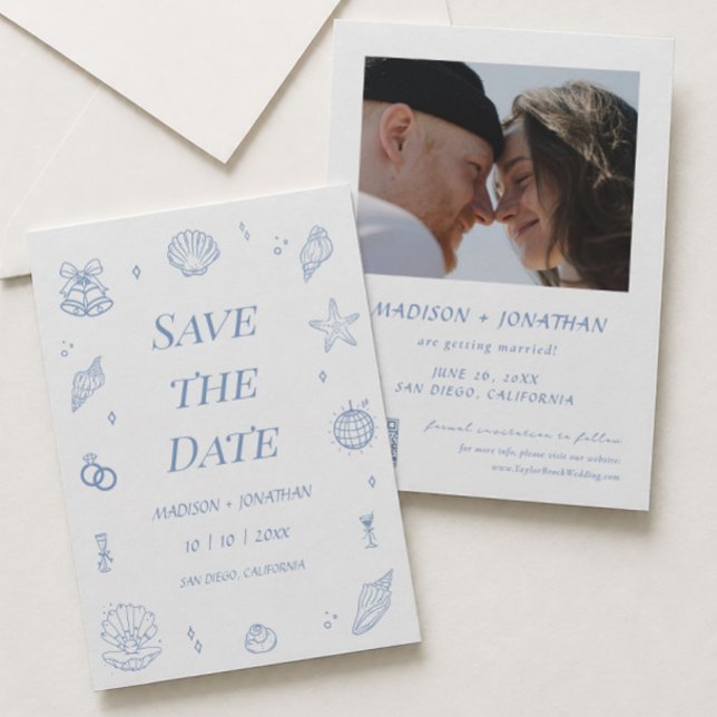 Blue Hand Drawn Coastal Wedding Save the Date Einladung (Von Creator hochgeladen)