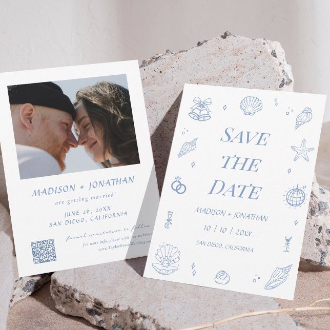 Blue Hand Drawn Coastal Wedding Save the Date Einladung (Von Creator hochgeladen)