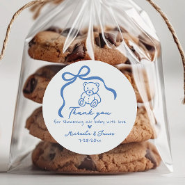 Blue Hand Drawn Doodle Bow & Teddy Boy Baby Dusche Runder Aufkleber