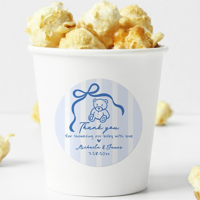 Blue Hand Drawn Doodle Bow & Teddy Boy Baby Dusche Runder Aufkleber (Von Creator hochgeladen)